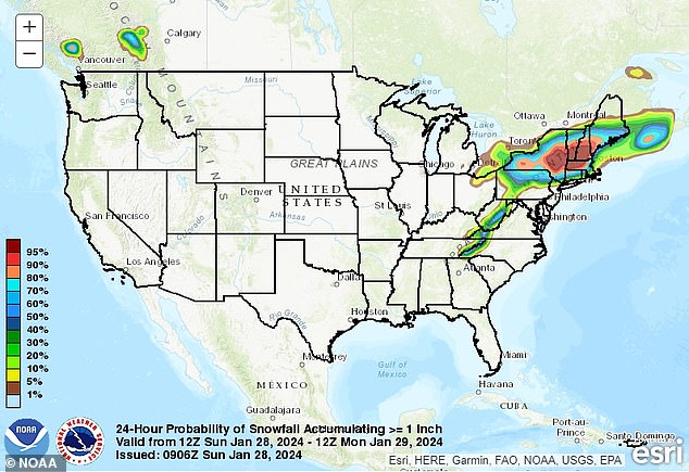 Pennsylvania, New York, New Hampshire, Vermont, Maine and Massachusetts are among the cities where accumulations could occur