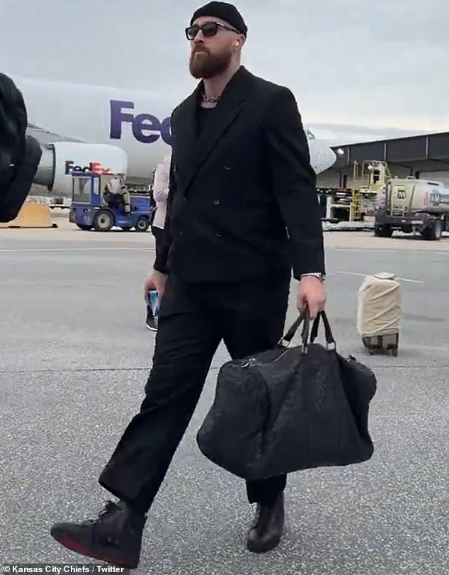 The 34-year-old Chiefs tight end looked like he meant business as he stepped off the plane