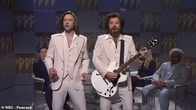 Justin also crashed Dakota Johnson, 34,'s monologue with Jimmy Fallon, 49, who appeared as Barry Gibb, signaling the return of the duo's talk show sketch The Barry Gibb