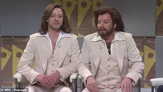 Timberlake plays Robin Gibb in the long-running gag.  Fallon and the former N'Sync member debuted the sketch in 2003 and before last night, the fake Gib brothers' last appearance was in 2013
