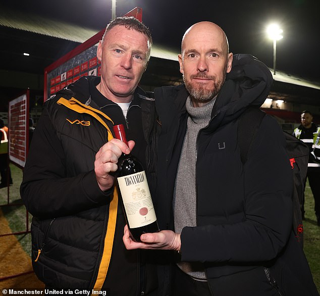 Erik ten Hag and Newport boss Graham Coughlan shared a touching moment after the United boss gave his opponent a bottle of red wine