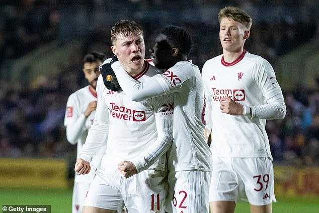 Rasmus Hojlund celebrates his goal that put the icing on the cake for United and secured victory