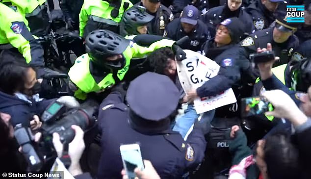 On Friday afternoon, pro-Palestinian protesters appeared to clash with police outside the American Israel Public Affairs Committee headquarters in Manhattan