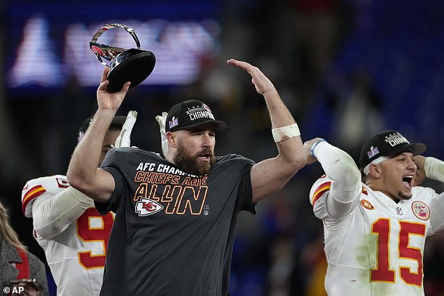 Kelce and Patrick Mahomes celebrate after winning the AFC Championship Game