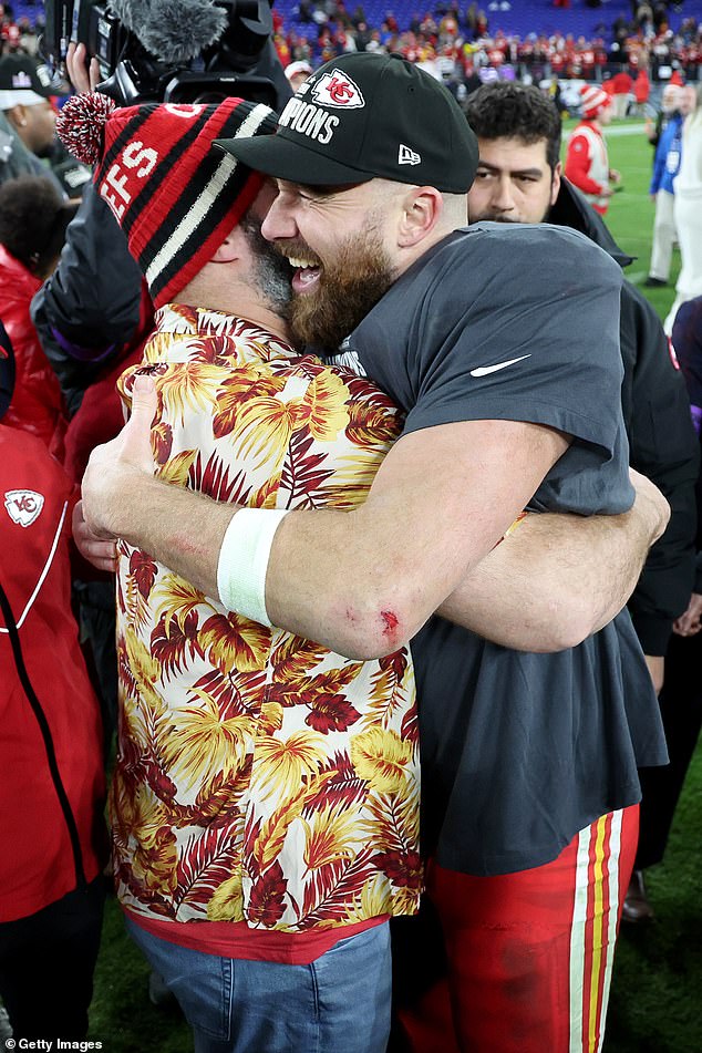 The Kelce brothers shared an emotional hug after the Chiefs' win over the Ravens