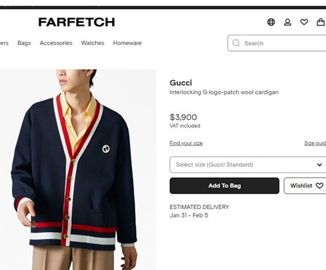 The Italian star wore a Gucci vest that cost as much as some used cars - for almost $4,000 at fashion chain Farfetch (pictured)