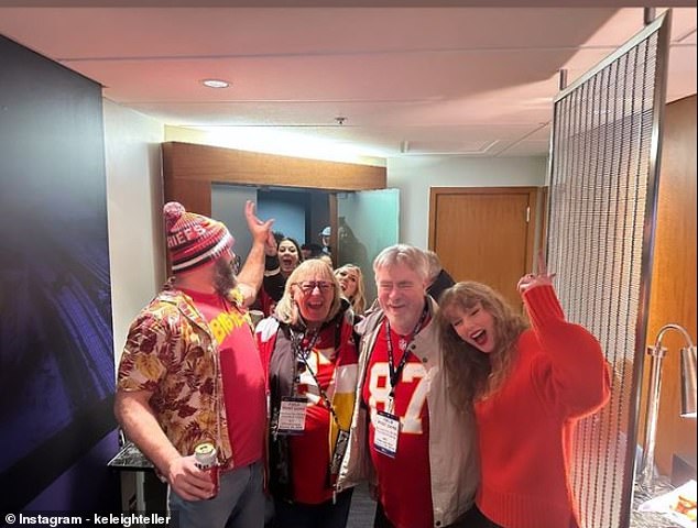 Swift (right) posed for photos with the Kelce family – including Jason, Donna and Ed (left-right)