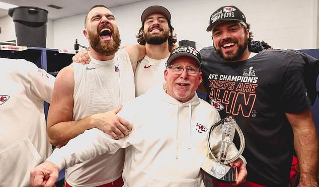 The Chiefs star took the festivities to the locker room with his team on Sunday evening