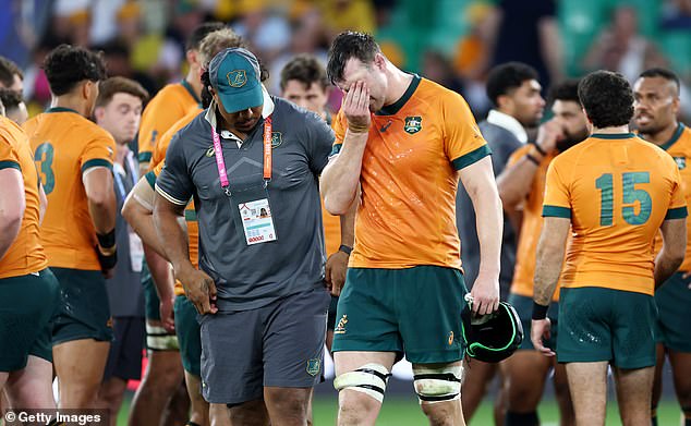 Nick Frost (centre) summed up the stars' feelings as he came off the pitch after Australia's historic defeat to Fiji in the World Cup