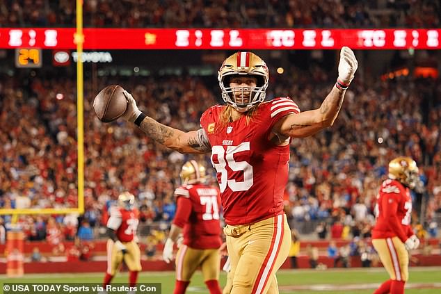 George Kittle celebrates after a game against the Lions... the 49ers next play the Chiefs in Vegas