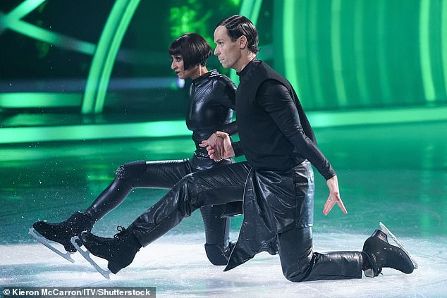 The Radio 1 presenter, 44, took to the ice with pro skater Mark Hanretty for a breathtaking Matrix-themed performance