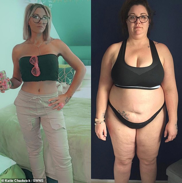 Katie is pictured here before and after she lost a whopping nine stone