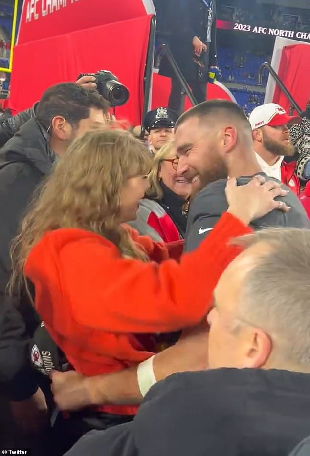 Another video showed Swift and Kelce hugging again, and before they kissed, he said, 