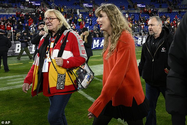 After the Chiefs punched their ticket to Super Bowl LVIII after the game on Sunday, February 11, Swift was seen walking onto the field with Travis' parents, Donna and Ed.