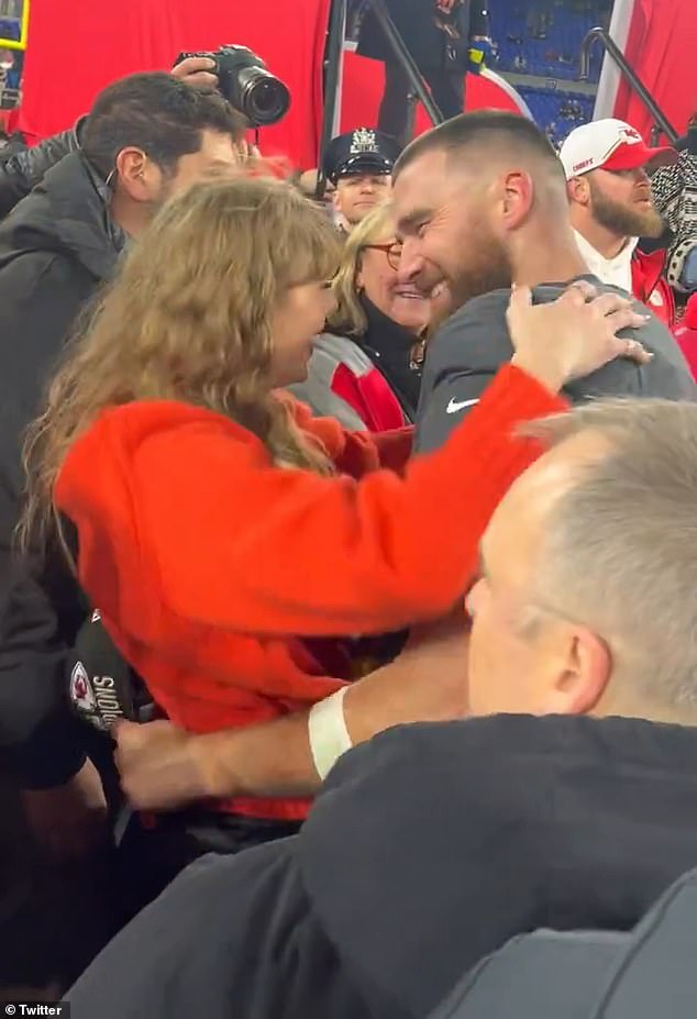 Pictured: Taylor Swift wrapped her arms around her boyfriend Travis Kelce after his team reached the Super Bowl