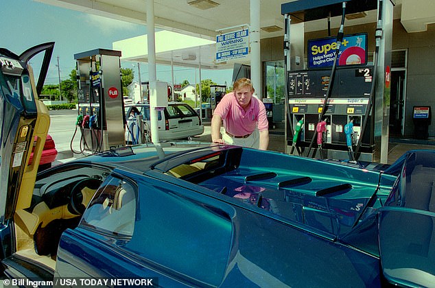 The former president, 77, snapped in 1995 fueling a Lamborghini Diablo - likely borrowed from the brand during a partnership - similar to the one he ordered for himself