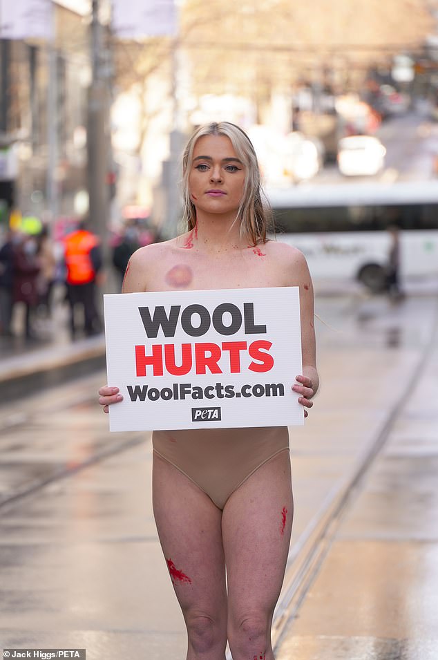 Ms Peterson's protests included going nearly naked in Melbourne (pictured), pouring fake blood on herself in Sydney and appearing topless in a mockup meat tray.