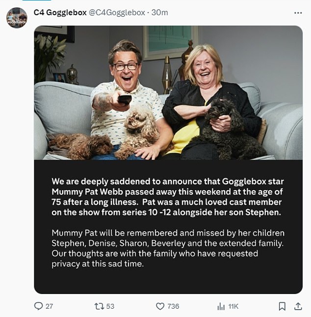 The official Gogglebox account shared this message on Twitter shortly afterwards