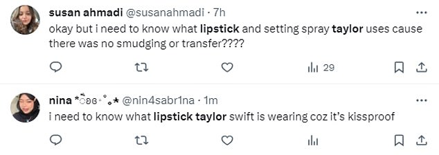 Fans were stunned when Taylor's signature deep red lipstick didn't bleed or land on Travis, and went on a mission to find out what brand she was wearing