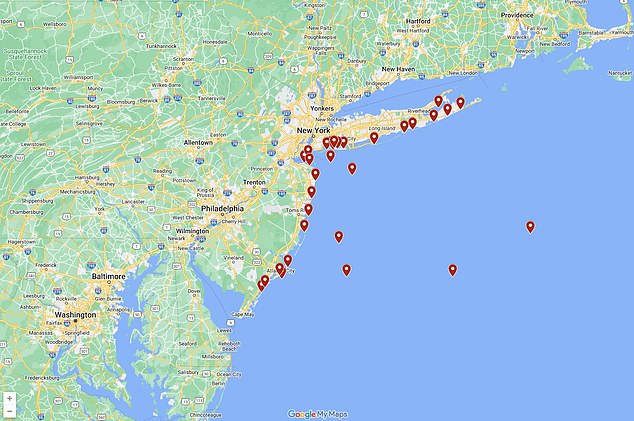 Along with the additional increase in electricity bills, residents are concerned about another mass die-off of marine life along their beaches.  The red markers indicated dead humpback whales from 2022 through 2023