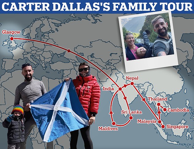 Carter Dallas and his parents Ross and Jade have embarked on a year-long tour of Asia, setting off from their home in Glasgow for the first time last August, with more countries in store to explore