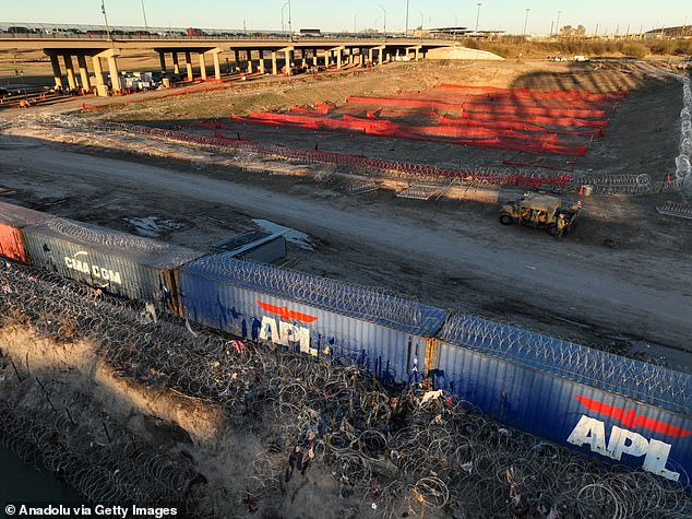 An aerial view of the area as Texas National Guard soldiers continue to take security measures at Eagle Pass, Texas, on the Mexico-U.S. border on January 28, 2024.