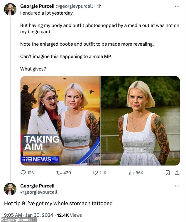 Animal Justice Party MP Georgie Purcell, 31, lashed out at the broadcaster via X (formerly Twitter) on Tuesday, claiming Nine used a photo that had been photoshopped to make her breasts appear larger.