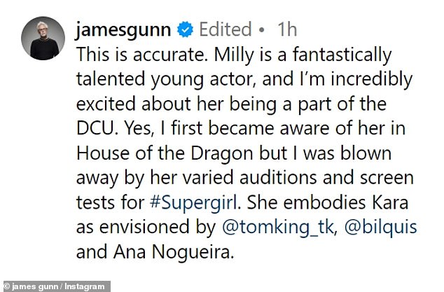 'This is right.  Milly is a fantastically talented young actor, and I'm incredibly excited to have her join the DCU,” said Gunn, who confirmed in September that three existing DC Extended Universe (DCEU) characters will return to his DC Universe (DCU).