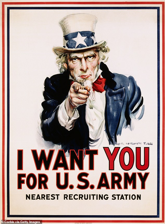 'Uncle Sam' points an accusing finger of moral responsibility at a recruitment poster for the US Armed Forces during World War I