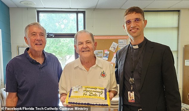 Across town, Father Robert “Bob” Hoeffner, 76, (pictured center last year) lay dead next to his sister after being shot dead by Kapas in front of his car.