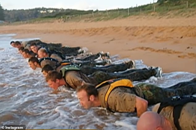 de Gelder during his bomb disposal training with the Navy on a beach in Sydney (photo below)