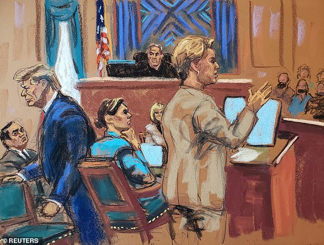 Trump walked out of the courtroom on Friday (alongside Habba in blue) at the start of the closing arguments