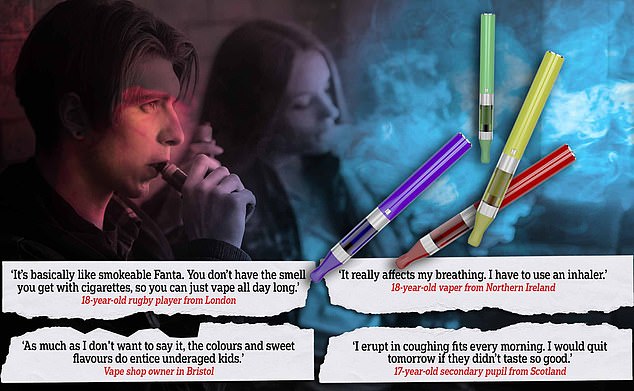 MailOnline has been told that e-cigarette use has become so widespread in schools that there has been an increase in the number of fire engines because so many students are vaping in toilets.  Teens told this website they suffer from frequent coughing fits and need to use inhalers to breathe properly, after just a year of regular e-cigarette use