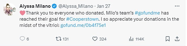 The fundraiser has now reached $11,260, with Milano taking to social media to thank those who donated amid the 'vitriol'