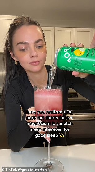 The ingredients are magnesium powder, pure cherry juice, prebiotic soda with lime, pomegranates, rosemary and a slice of orange