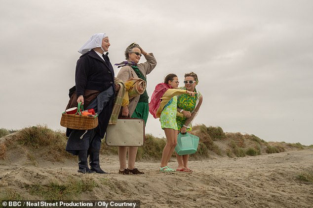 In scenes to be broadcast on Sunday, the residents of Nonnatus House and their friends are seen heading to the beach for a picnic (Rebecca Gethings, Georgie Glen, Megan Cusack and Francesca Fullilove pictured L-R)