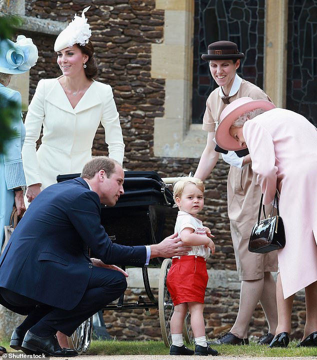 Kate and William with nanny Maria Teresa Turrion Borrallo and the late Queen outside the church after Princess Charlotte's christening