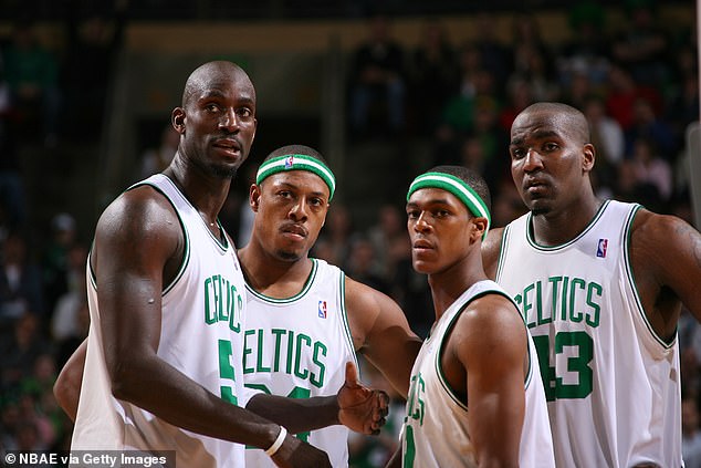 Rondo (center right) next to (from left) Kevin Garnett, Paul Pierce and Kendrick Perkins