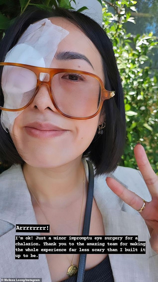 'I am OK!  Just a little impromptu eye surgery for a chalazion,” she explained in her caption, joking that she was “trying out a new look.”  “Thank you to the amazing team for making the whole experience much less scary than I imagined it to be,” she said