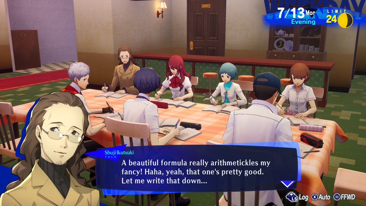 High school students and teachers talk at a conference table at school in Persona 3 Reload