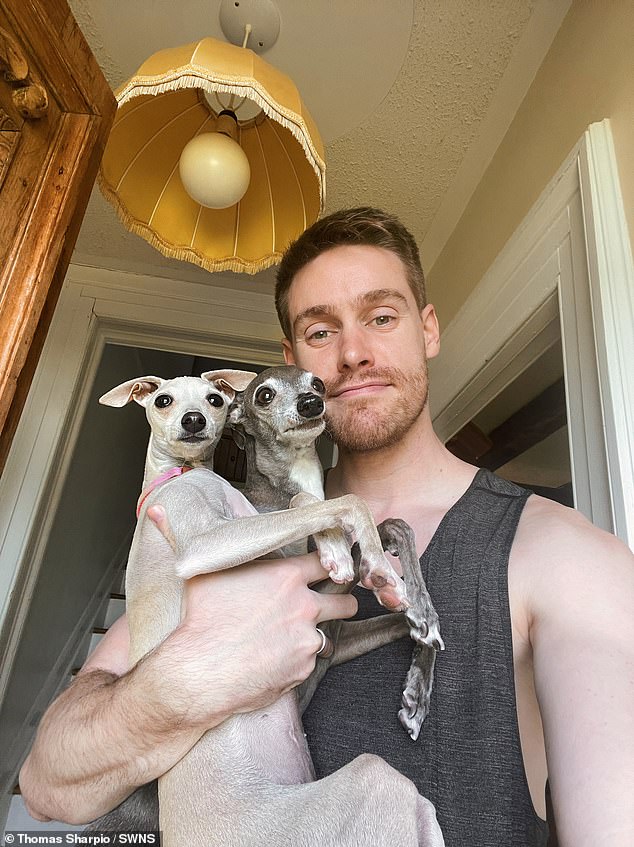 Thomas and his partner, Louis, 36, have two children together, in addition to a one-year-old Italian greyhound named Kala (R), who they also like to dress up in a range of luxury clothes