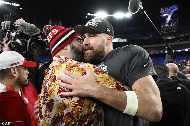 Brothers Jason and Travis Kelce found each other after the game and shared a hug