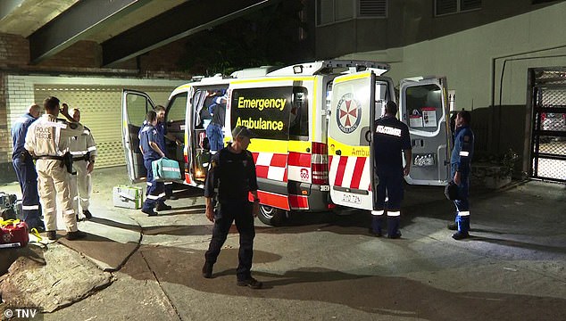 The photo shows emergency workers and an ambulance