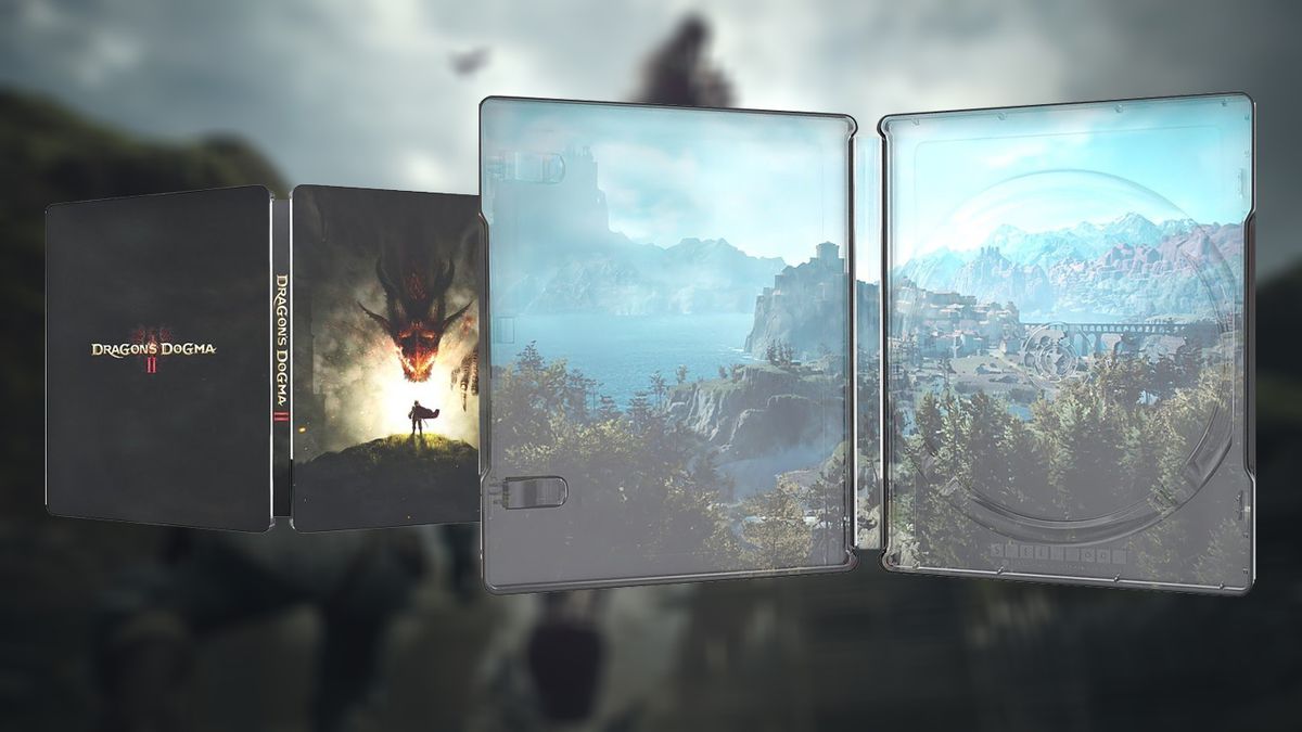 A stock photo of the interior and exterior of the Best Buy exclusive steelbook cover for Dragon's Dogma 2