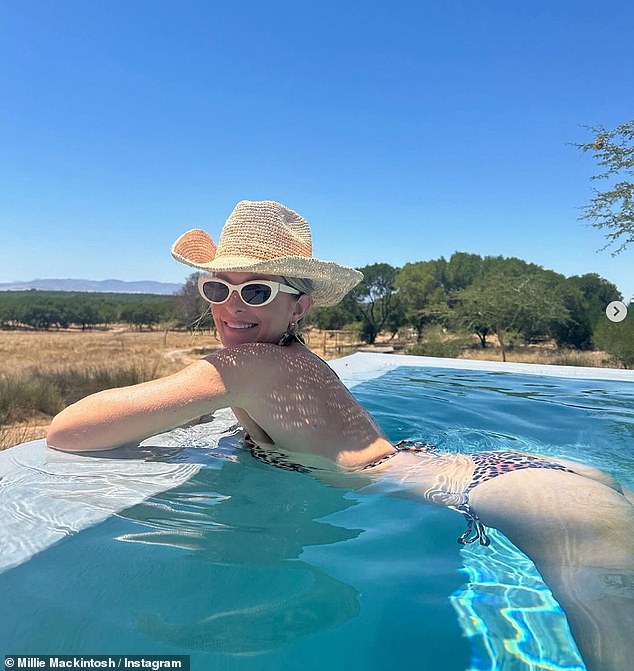 The former Made In Chelsea star, 34, wowed in a leopard print two-piece teamed with a straw hat and sunglasses while swimming in a pool