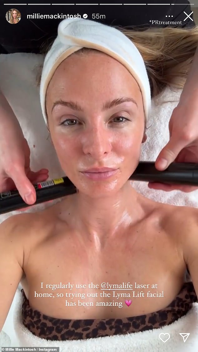 Millie showed off her natural beauty when she had a Lyma Lift facial without make-up on Instagram