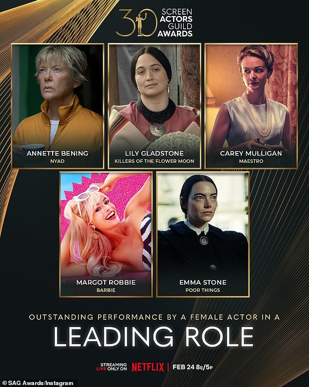 The Arizona-born beauty will compete against Annette Bening, Lily Gladstone, Carey Mulligan and Margot Robbie at the 30th Screen Actors Guild Awards, which airs on Netflix on February 24.