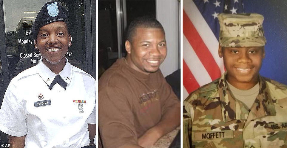 The victims were named Monday as Specialist Kennedy Ladon Sanders (pictured left), 24, Specialist Breonna Moffett (pictured right), 23, and Sergeant William Rivers (pictured center), 46.