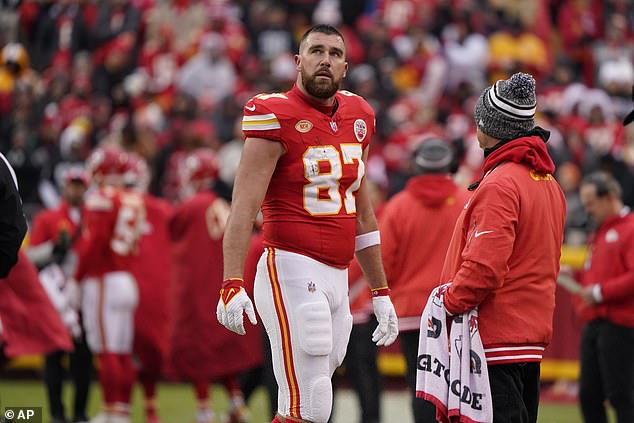 Kansas City Chiefs tight end Kelce (87) walks the sideline against the Las Vegas Raiders in Kansas City on Monday, December 25, 2023