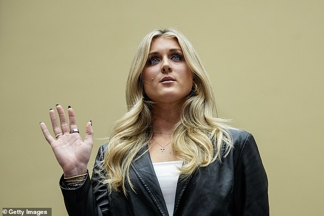 Former collegiate swimmer Riley Gaines is sworn in during a hearing of the House Oversight Subcommittee on Health Care and Financial Services on Capitol Hill on December 5, 2023 in Washington, DC.  The hearing focused on the Biden administration's proposed rule changes to Title IX to redefine the definition of sexual discrimination to include gender identity